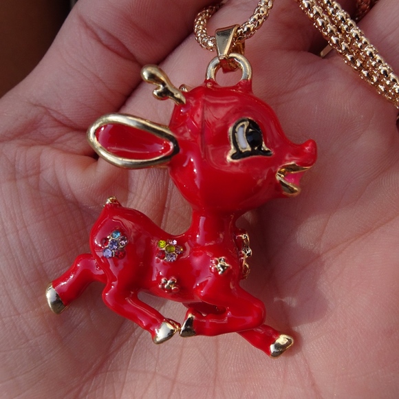 Red Enamel Reindeer Daisy Jewel Cute Festive Christmas Holiday Kitsch Necklace - Picture 3 of 8